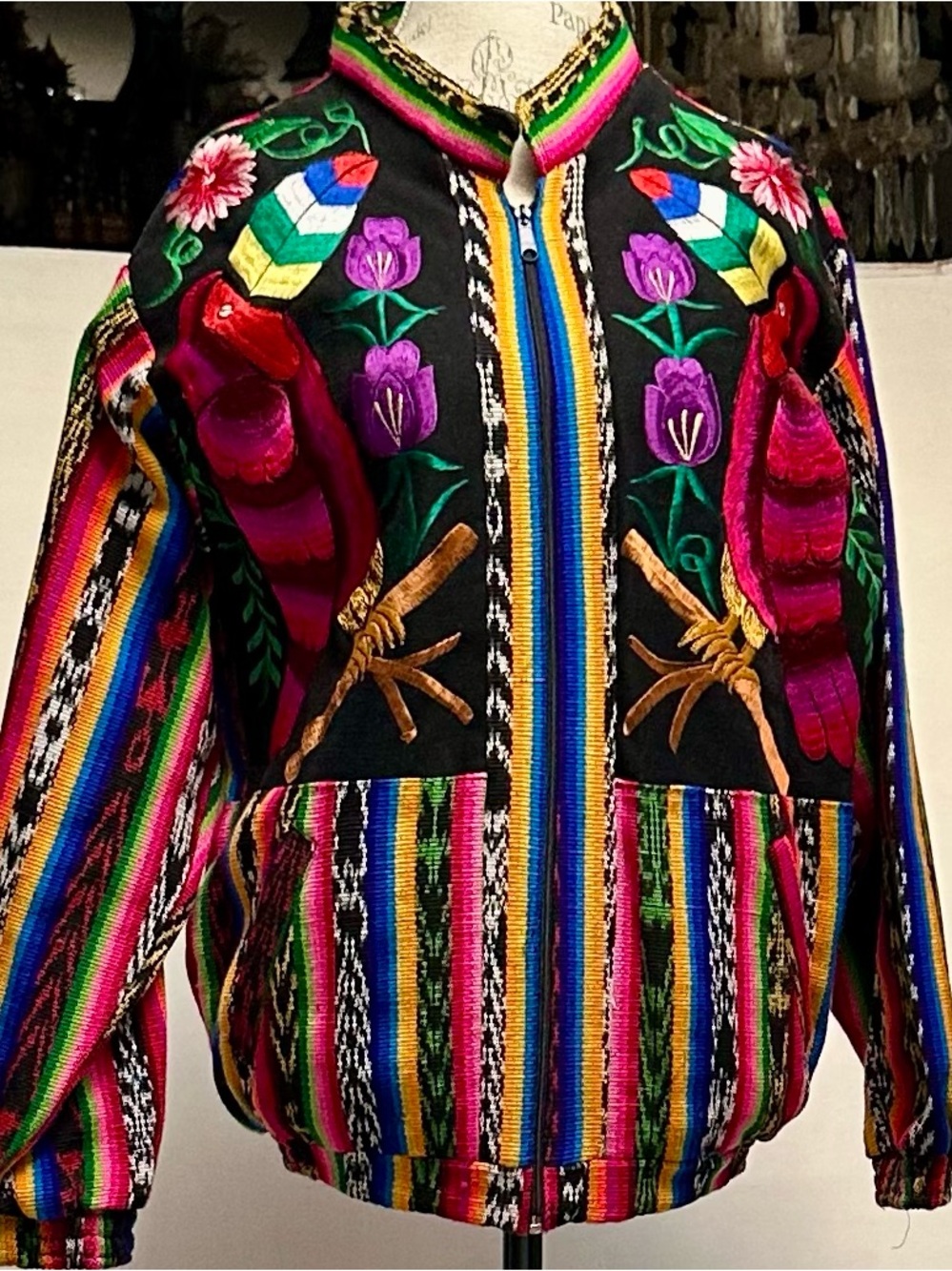 Vintage Toucan Peruvian patchwork Embroidered Bomber zip Jacket M lined Pockets